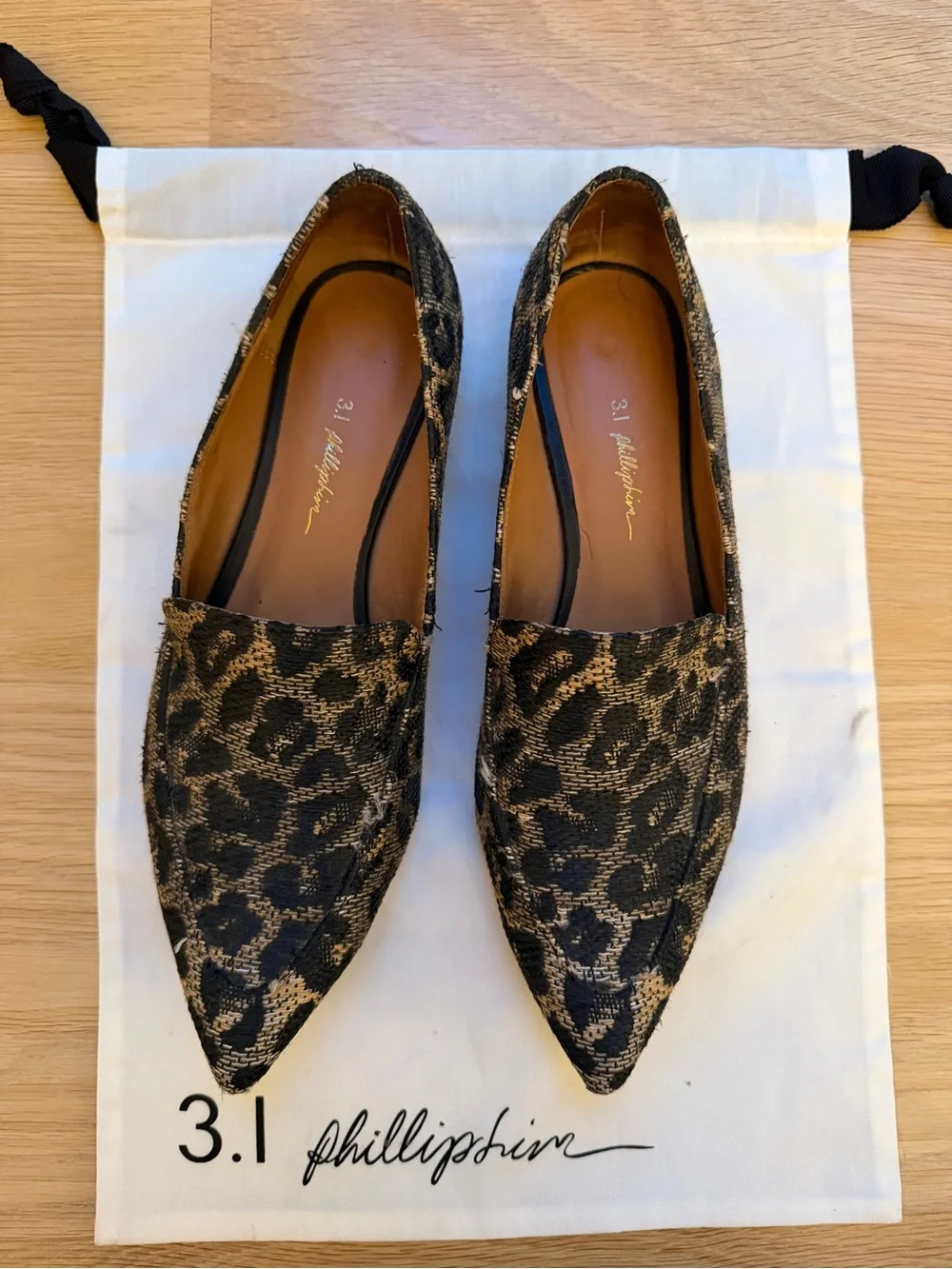 3.1 Phillip Lim Leopard Jacquard Pointed Toe Flats in Black and Gold